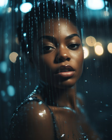 beautiful african american woman in the rainの素材