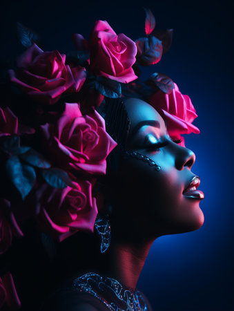 beautiful african woman with flowers in her hairの素材