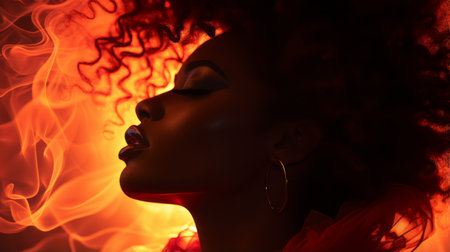 beautiful african american woman with red hair in fireの素材