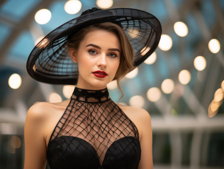 beautiful young woman in black dress and hatの素材