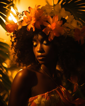 beautiful african american woman with flowers in her hairの素材