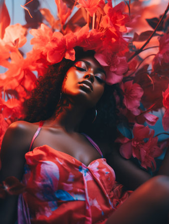 beautiful african american woman with flowers in her hairの素材