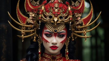 beautiful asian woman wearing a red and gold headdressの素材