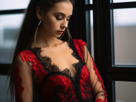 beautiful woman in red and black dress looking out the windowの素材