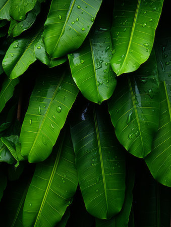 banana leaves with water dropletsの素材