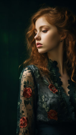 beautiful red haired woman in black dress with floral embroideryの素材
