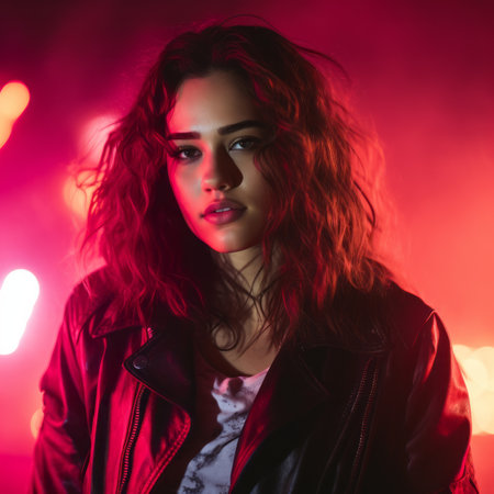 beautiful young woman in black leather jacket standing in front of neon lightsの素材