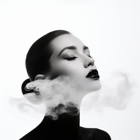 black and white photo of a woman with smoke coming out of her mouthの素材