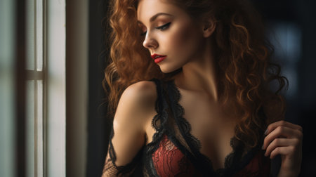 beautiful red haired woman in lingerie looking out the windowの素材