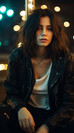 beautiful young woman in black leather jacket sitting on the street at nightの素材