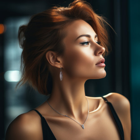 beautiful woman with red hair posing in front of a windowの素材