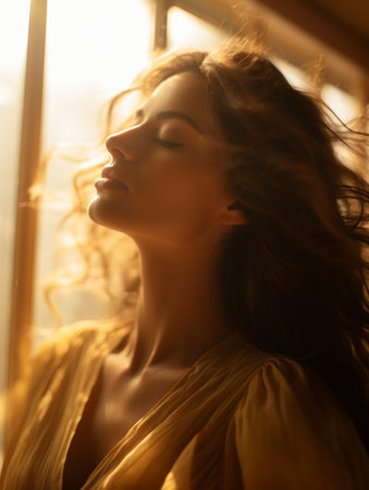beautiful woman with long hair standing in front of a windowの素材