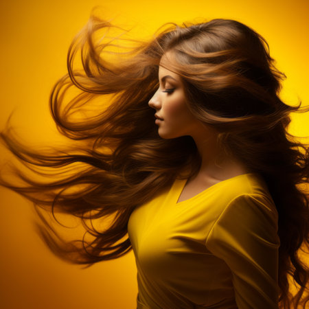beautiful woman with long hair on yellow backgroundの素材