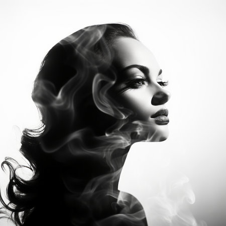 black and white photo of a woman with smoke coming out of her hairの素材