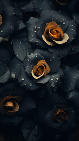 black and gold roses with water droplets on themの素材