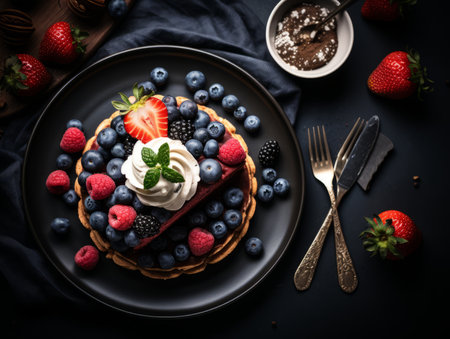 dessert with berries and whipped cream on a black plateの素材