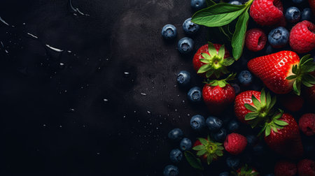 fresh blueberries raspberries and strawberries on a black backgroundの素材