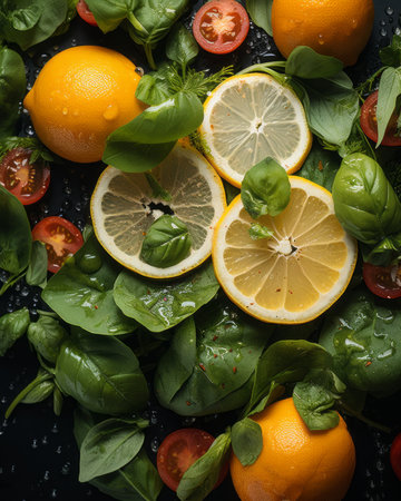 lemon tomatoes basil and spinach on a black backgroundの素材