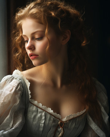 portrait of a beautiful red haired woman looking out the windowの素材