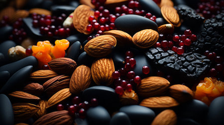 nuts berries and dried fruits are arranged in a pileの素材