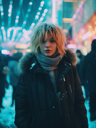 portrait of a young woman in the city at night with neon lightsの素材