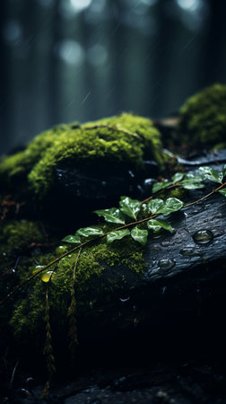 moss and rain on a log in the woodsの素材