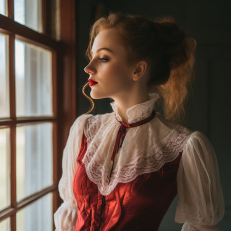 portrait of a beautiful redhead woman in a red dress looking out the windowの素材