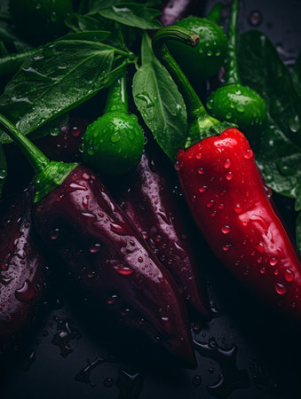red and green peppers with water droplets on a black backgroundの素材