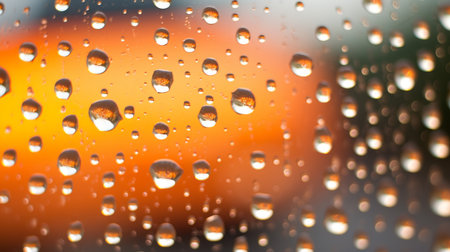 rain drops on a window with an orange backgroundの素材