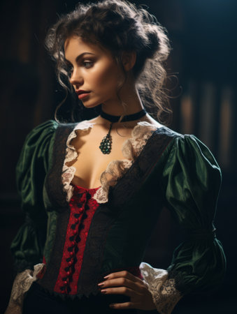 portrait of beautiful woman in green and red corsetの素材