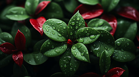 red and green leaves with water droplets on themの素材