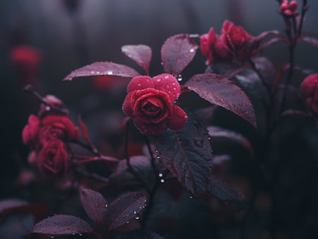 red roses in the rain with water droplets on themの素材
