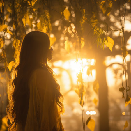silhouette of a woman standing in front of a willow tree at sunsetの素材
