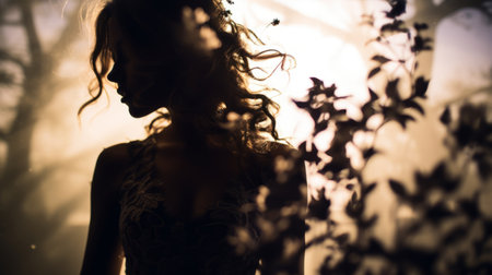 silhouette of a woman in the woods at sunsetの素材