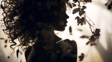 silhouette of a woman with curly hair and leavesの素材