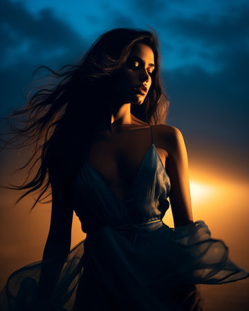 silhouette of a beautiful woman in a blue dress at sunsetの素材