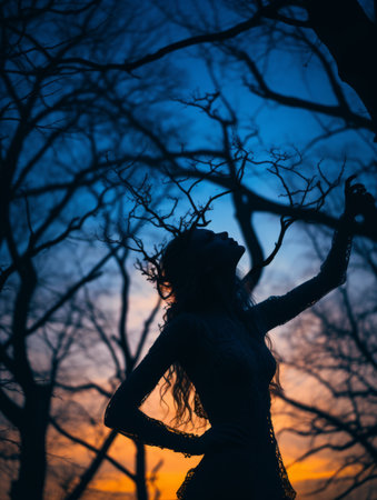 silhouette of a woman standing in front of trees at sunsetの素材