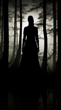 silhouette of a woman standing in a dark forestの素材