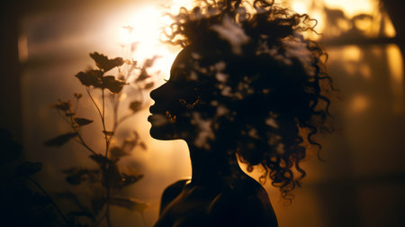 silhouette of a woman with curly hair in front of the sunの素材