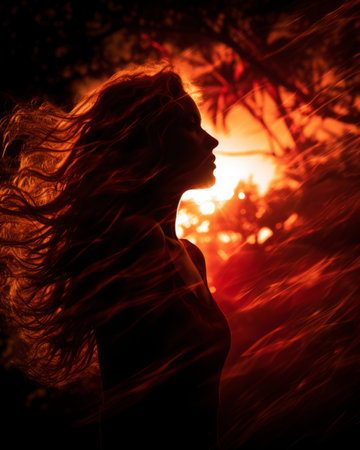 the silhouette of a woman with long hair in the sunsetの素材