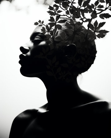 silhouette of a woman with leaves on her headの素材