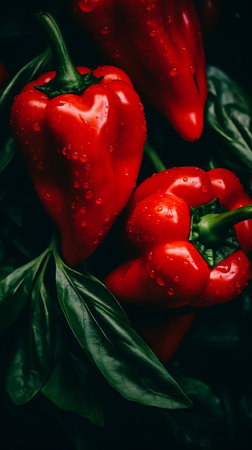 three red peppers with water droplets on themの素材
