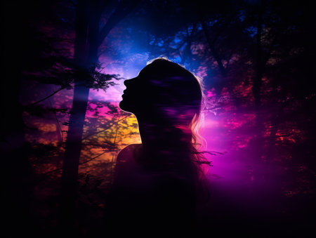 the silhouette of a woman in the forest with a colorful backgroundの素材