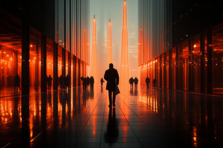 silhouette of a man walking through an empty hallway at nightの素材
