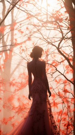 the silhouette of a woman in a long dress standing in a foggy forestの素材