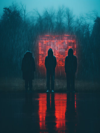 three people standing in the rain in front of a neon signの素材