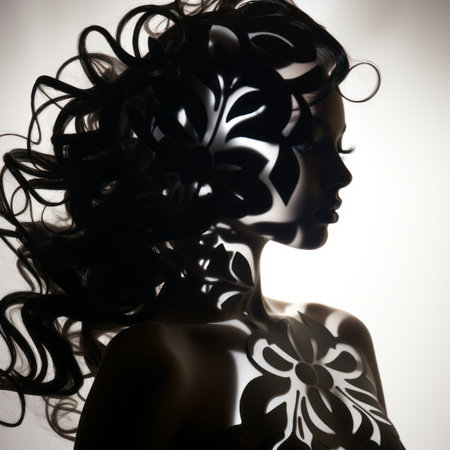 the silhouette of a woman with long hair and a flower pattern on her faceの素材