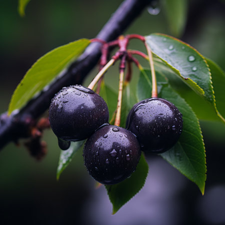 three cherries on a branch with water droplets on themの素材