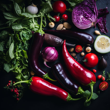 various red and purple vegetables on a black backgroundの素材