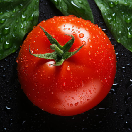 tomato with water droplets and leaves on a black backgroundの素材